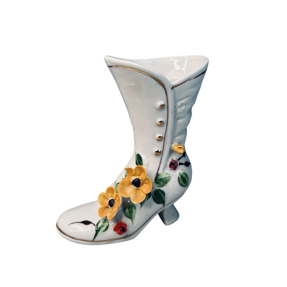 Vintage Porcelain Victorian Boot Shoe Vase White 3D Yellow Flowers Gold Accents